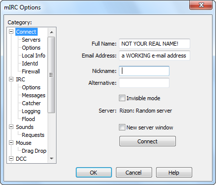 mIRC Options window