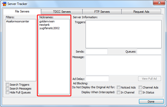 Server Tracker window (servers)