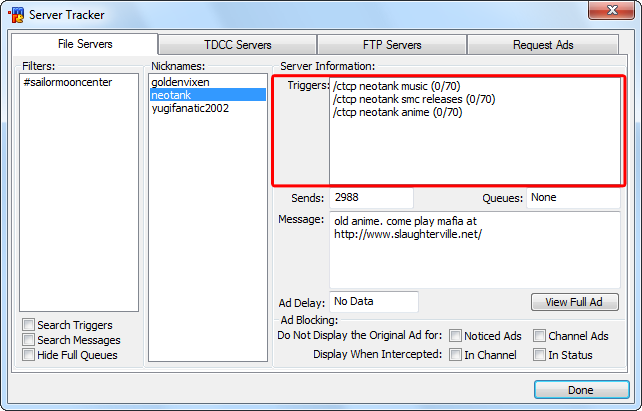 Server Tracker window (triggers)